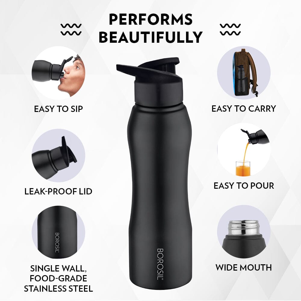 Borosil Grip N Sip Stainless Steel Bottle- Black- 750ml